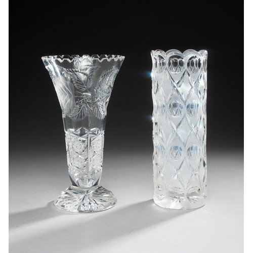 295 - A CUT GLASS TRUMPET SHAPED VASE AND A CYLINDRICAL OPAQUE AND CLEAR GLASS VASE