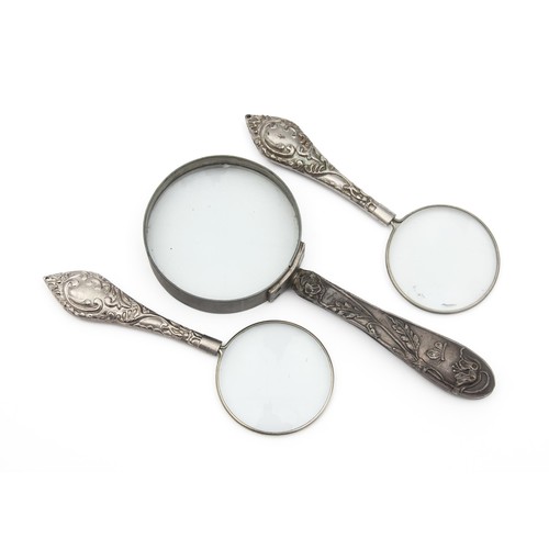 721 - A COLLECTION OF SILVER MAGNIFYING GLASSES, LONDON, POSSIBLY VICTORIAN, MAKERS NAME AND MARKS RUBBED