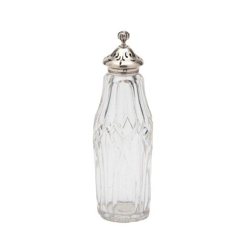 723 - A SILVER TOPPED GLASS SALT SHAKER, LONDON, MAKER'S MARK AND DATE RUBBED