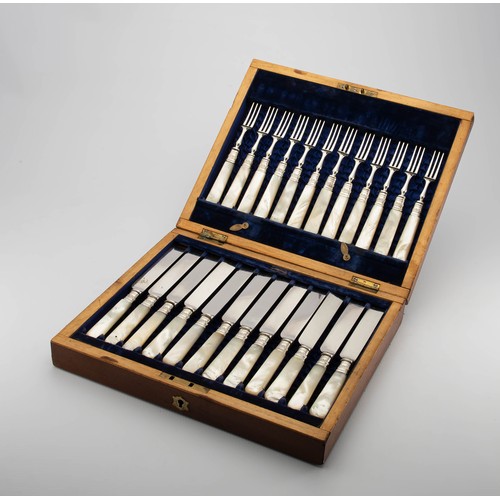 766 - A CASED SET OF TWELVE SILVERPLATE AND MOTHER-OF-PEARL FRUIT KNIVES AND FORKS, CARRINGTON AND CO