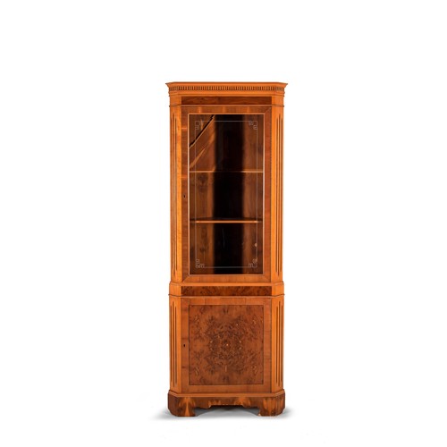 461 - A GEORGE III STYLE YEW WOOD AND BURR WALNUT CORNER CABINET, MODERN