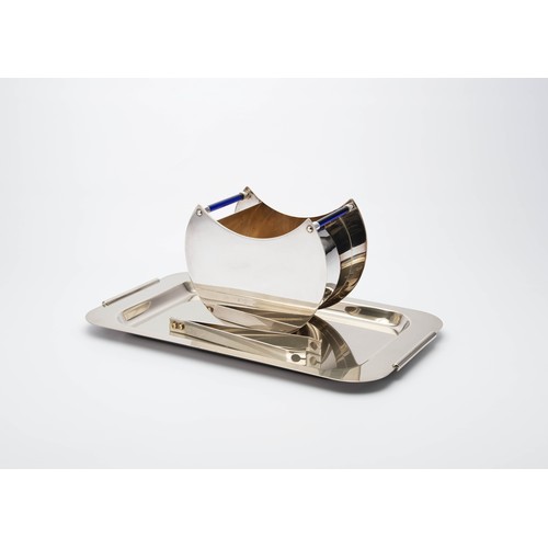 157 - A STAINLESS STEEL TRAY, ICE BUCKET AND TONGS