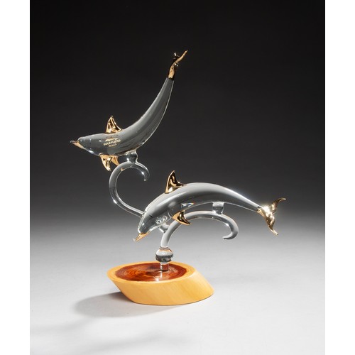 370 - TWO GLASS DOLPHINS ON A STAND, WITH GILT DETAIL TO THE EDGES