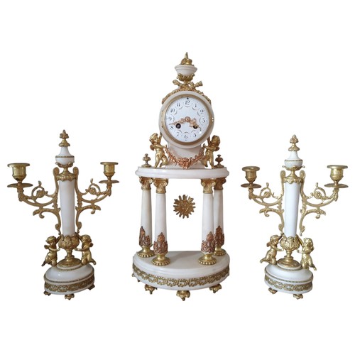 7008 - A FRENCH WHITE MARBLE CLOCK GARNITURE, 19TH CENTURY