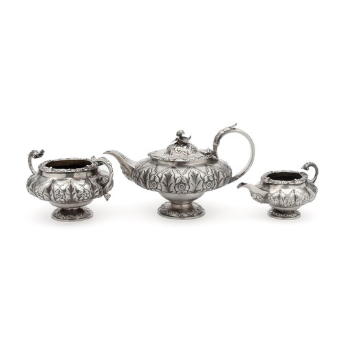 694 - A GEORGE V SILVER THREE PIECE TEA SET, ADEY BELLAMY SAVORY, LONDON, 1828