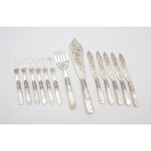 832 - AN ELECTROPLATE CUTLERY SET WITH MOTHER-OF-PEARL HANDLES