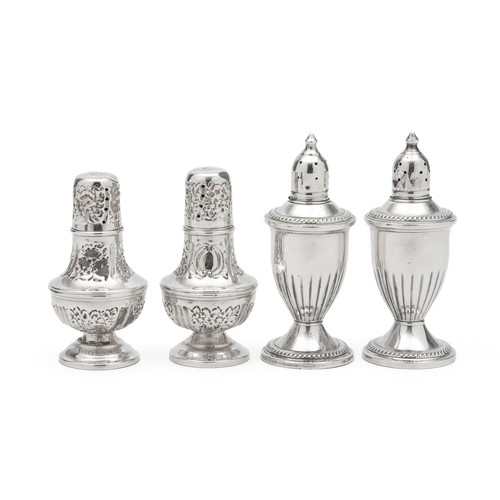 826 - TWO PAIRS OF SILVER SALTS AND PEPPERETTES, LONDON, MAKER'S MARKS AND DATES RUBBED