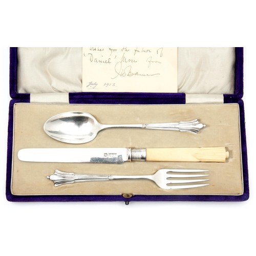 823 - A CASED SILVER KNIFE, FORK AND SPOON SET, LONDON