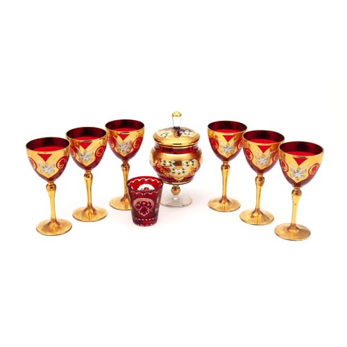 482 - A LIDDED CANDY JAR AND SIX WINE GLASSES