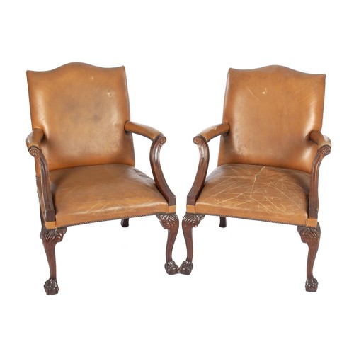 1007 - A PAIR OF GAINSBOROUGH-STYLE LEATHER UPHOLSTERED ARMCHAIRS