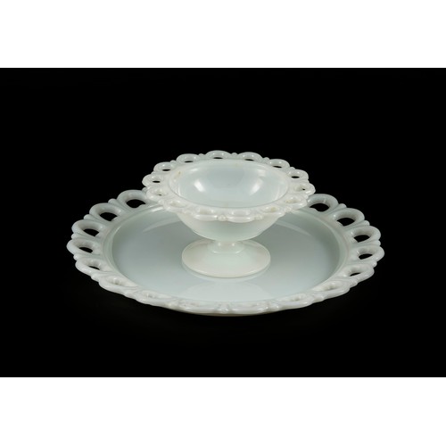 510 - A WHITE MILK GLASS LACE PLATTER AND SWEET DISH