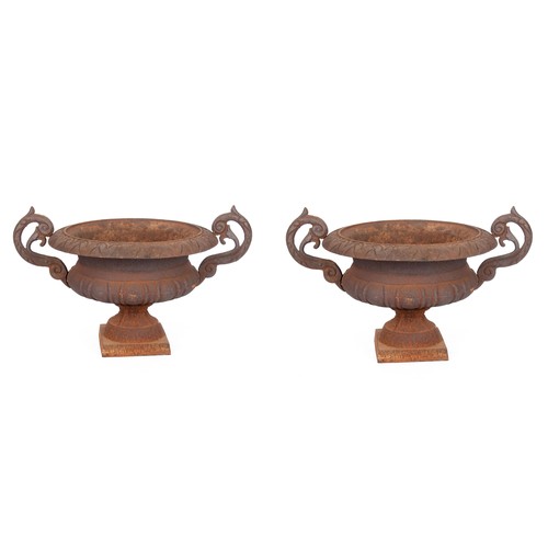 577 - A PAIR OF CAST IRON CLASSICAL GARDEN URNS