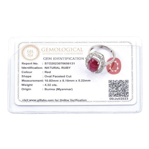 11129 - A CERTIFIED 4.32 CT RUBY AND NATURAL DIAMOND RING