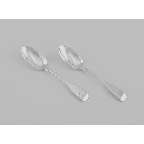 695 - A PAIR OF GEORGE IV SILVER FIDDLE PATTERN TABLESPOONS, JONATHAN HAYNE, LONDON, 1828