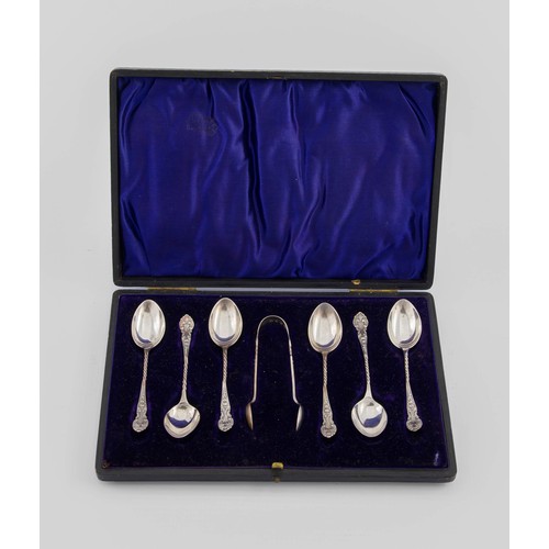 724 - A CASED VICTORIAN SILVER PAIR OF SUGAR NIPS AND SIX TEASPOONS, J H HILLCOX, BIRMINGHAM, 1899