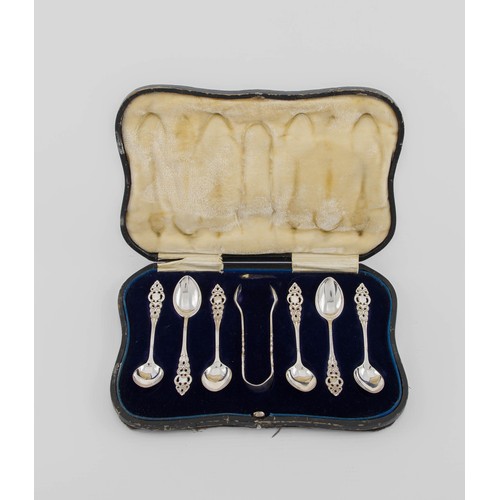 740 - A CASED GEORGE V SILVER PAIR OF SUGAR NIPS AND SIX TEASPOONS, MARTIN HALL AND CO LTD, BIRMINGHAM, 19... 