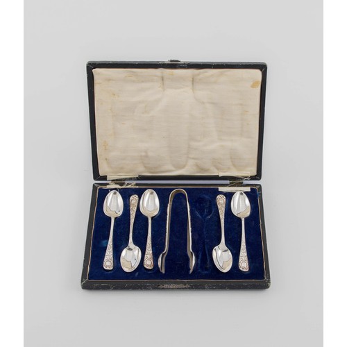 843 - AN ELECTROPLATE PAIR OF SUGAR NIPS AND FIVE TEASPOONS, PHILLIP ASHBERRY AND SONS