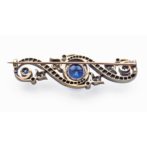 93 - A SAPPHIRE AND DIAMOND BROOCH, POSSIBLY VICTORIAN