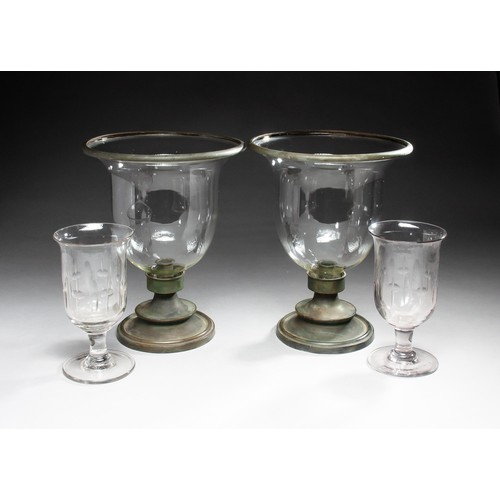 474 - TWO GLASS AND METAL HURICANE LAMPS