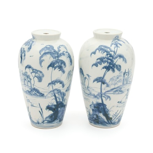 481 - A PAIR OF BLUE AND WHITE CERAMIC LAMP BASES, MODERN