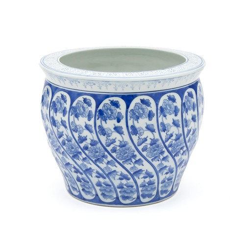 649 - A CHINESE STYLE BLUE AND WHITE CERAMIC JARDINIERE, CONTEMPORARY