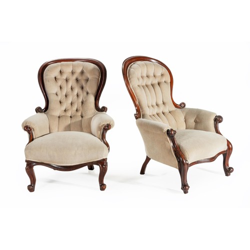 318 - A PAIR OF VICTORIAN MAHOGANY AND UPHOLSTERED ARMCHAIRS