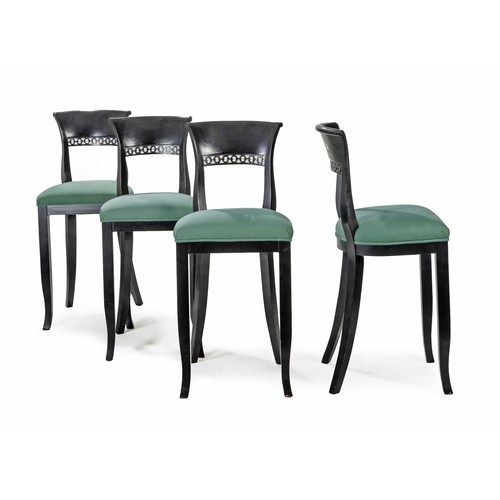 402 - A SET OF FOUR EBONISED BAR STOOLS, MODERN