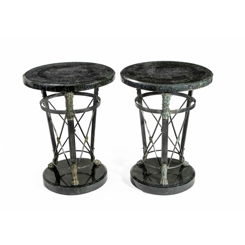 399 - A PAIR OF MARBLE AND STEEL SIDE TABLES, MODERN