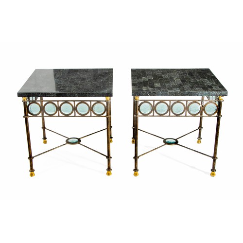 400 - A PAIR OF WROUGHT IRON AND GLASS SIDE TABLES, MODERN