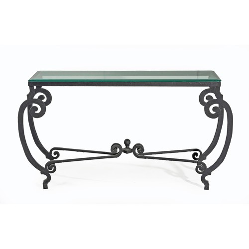 397 - A WROUGHT IRON AND GLASS TOPPED TABLE, MODERN