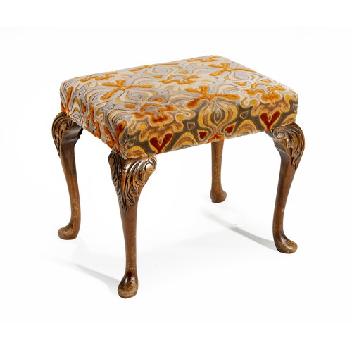 437 - A WALNUT AND UPHOLSTERED STOOL