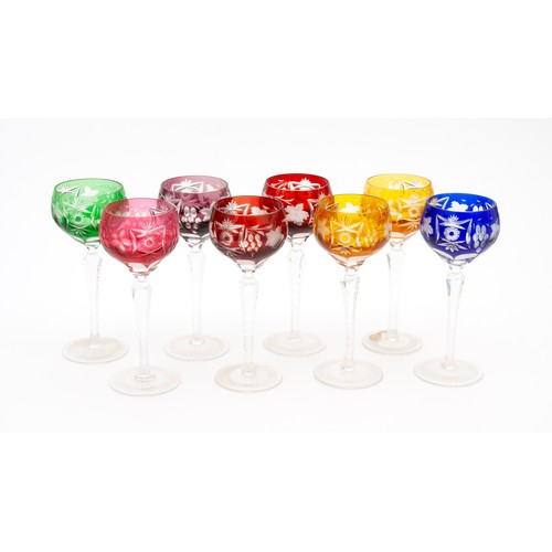 447 - A HARLEQUIN SET OF EIGHT CRYSTAL HOCK GLASSES