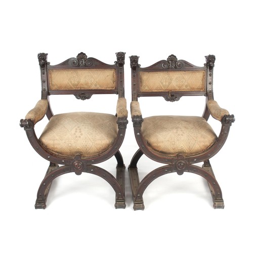 371 - A PAIR OF MAHOGANY SPANISH-STYLE UPHOLSTERED ARMCHAIRS