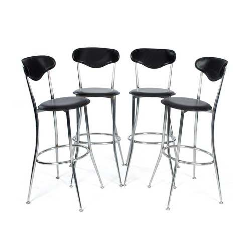 412 - A SET OF FOUR BLACK LEATHER AND CHROME BAR STOOLS