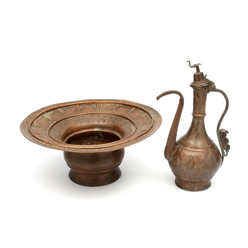 65 - A COPPER COFFEE POT AND BOWL, TURKISH, POSSIBLY 20TH CENTURY