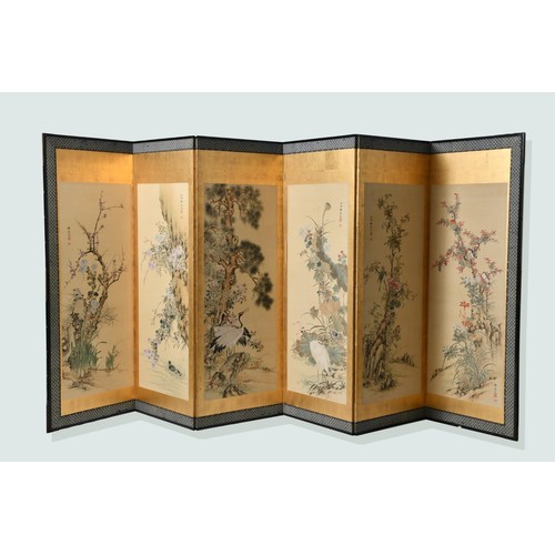 AN IMPORTANT JAPANEESE SET OF VERTICAL "BIRDS AND FLOWERS OF THE SEASONS" JOINED AS A SIX-LEAF SCREEN "BYOBU", YAMAMOTO BAIITSU, EDO PERIOD, 1783 - 1856