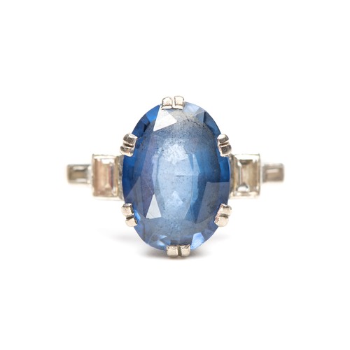 A SAPPHIRE AND NATURAL DIAMOND TRILOGY RING, POSSIBLY LONDON, 1900