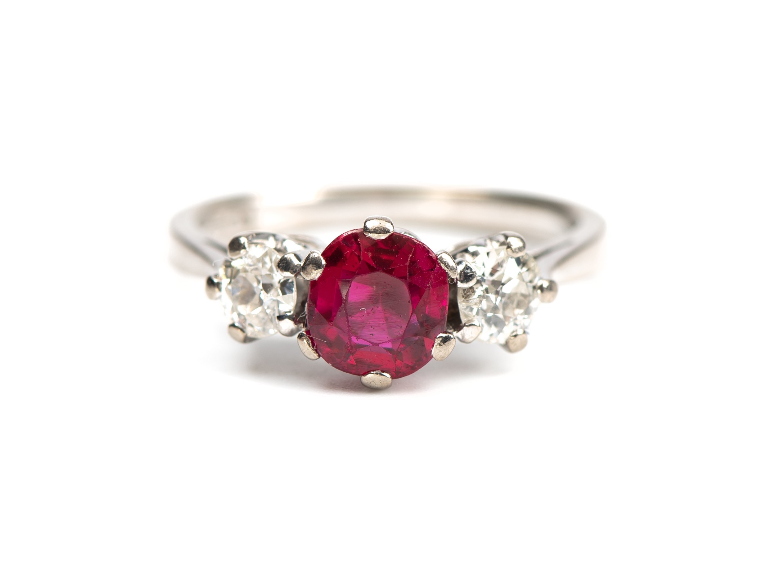 A RUBY AND NATURAL DIAMOND TRILOGY RING