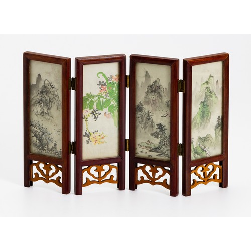 A MINIATURE CHINESE FOUR PANEL FOLDING SCREEN, MODERN