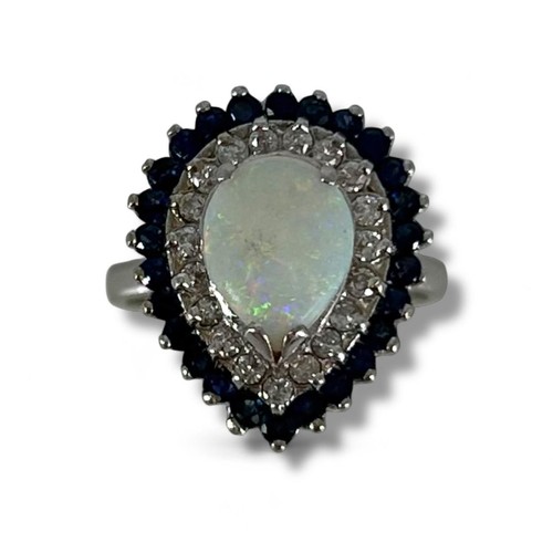 A NATURAL DIAMOND, SAPPHIRE AND OPAL DRESS RING