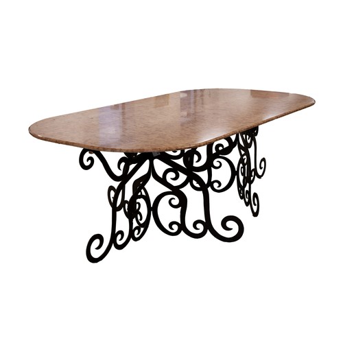 A WROUGHT IRON MARBLE-TOPPED DINING TABLE