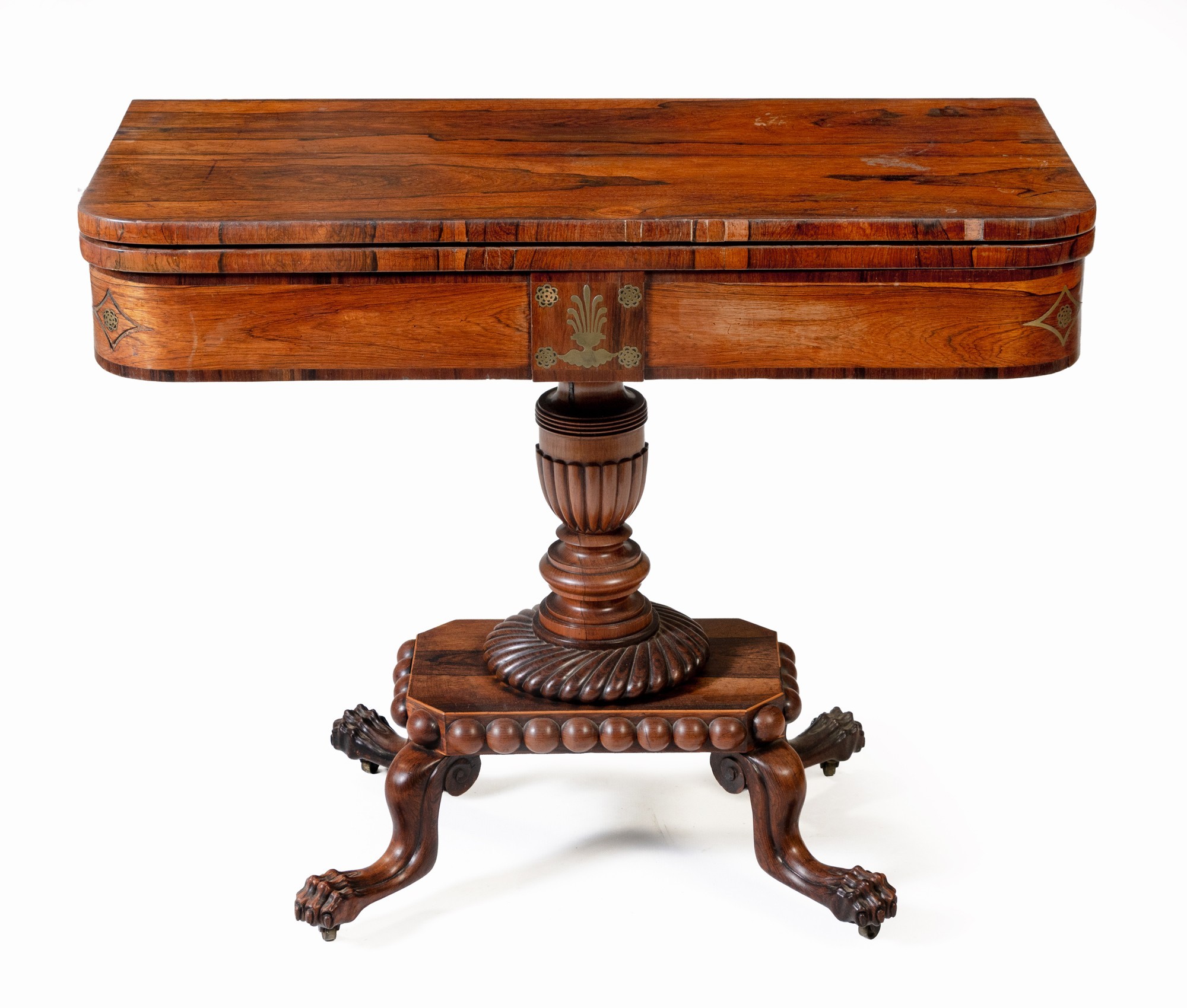 A REGENCY ROSEWOOD AND BRASS-INLAID CARD TABLE