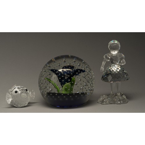 496 - A SWAROVSKI GIRL WITH A BASKET, A FISH AND A CAITHNESS PAPER WEIGHT, BOXED