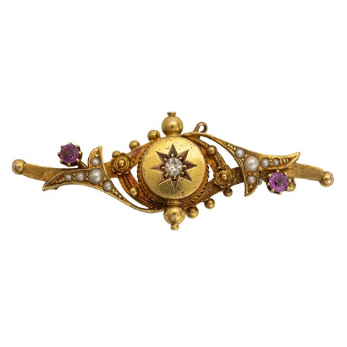 760 - A CONTINENTAL NATURAL DIAMOND AND GEMSTONE BROOCH