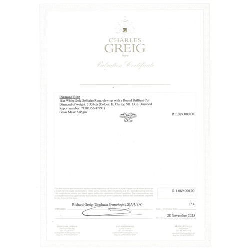 744 - A CERTIFIED NATURAL DIAMOND SOLITAIRE RING, 3.33 CARATS, CHARLES GREIG 2015