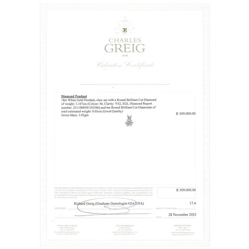 714 - A CERTIFIED NATURAL DIAMOND SOLITAIRE PENDANT, 3.106 CARATS CHARLES GREIG 2018