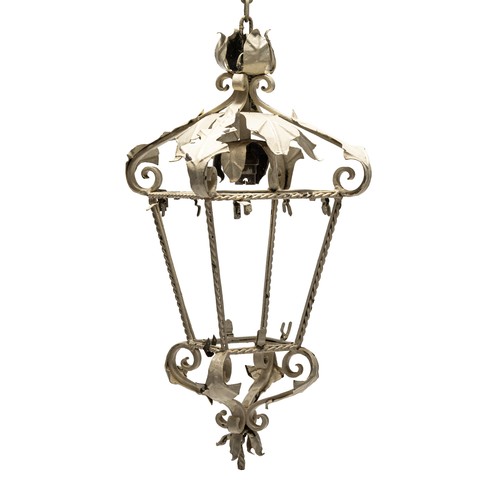 230 - A PAIR OF WROUGHT IRON LANTERN-FORM HANGING LIGHTS AND A SMALLER WROUGHT IRON LANTERN-FORM HANGING L... 