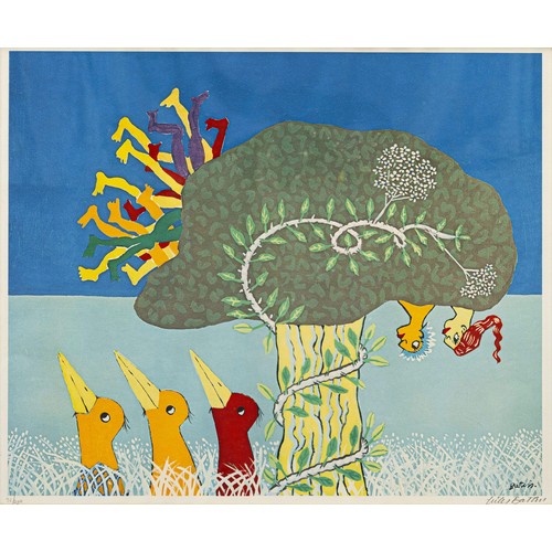 Walter Whall Battiss (South African 1906 - 1982) TEN PEOPLE IN A MPIPI TREE