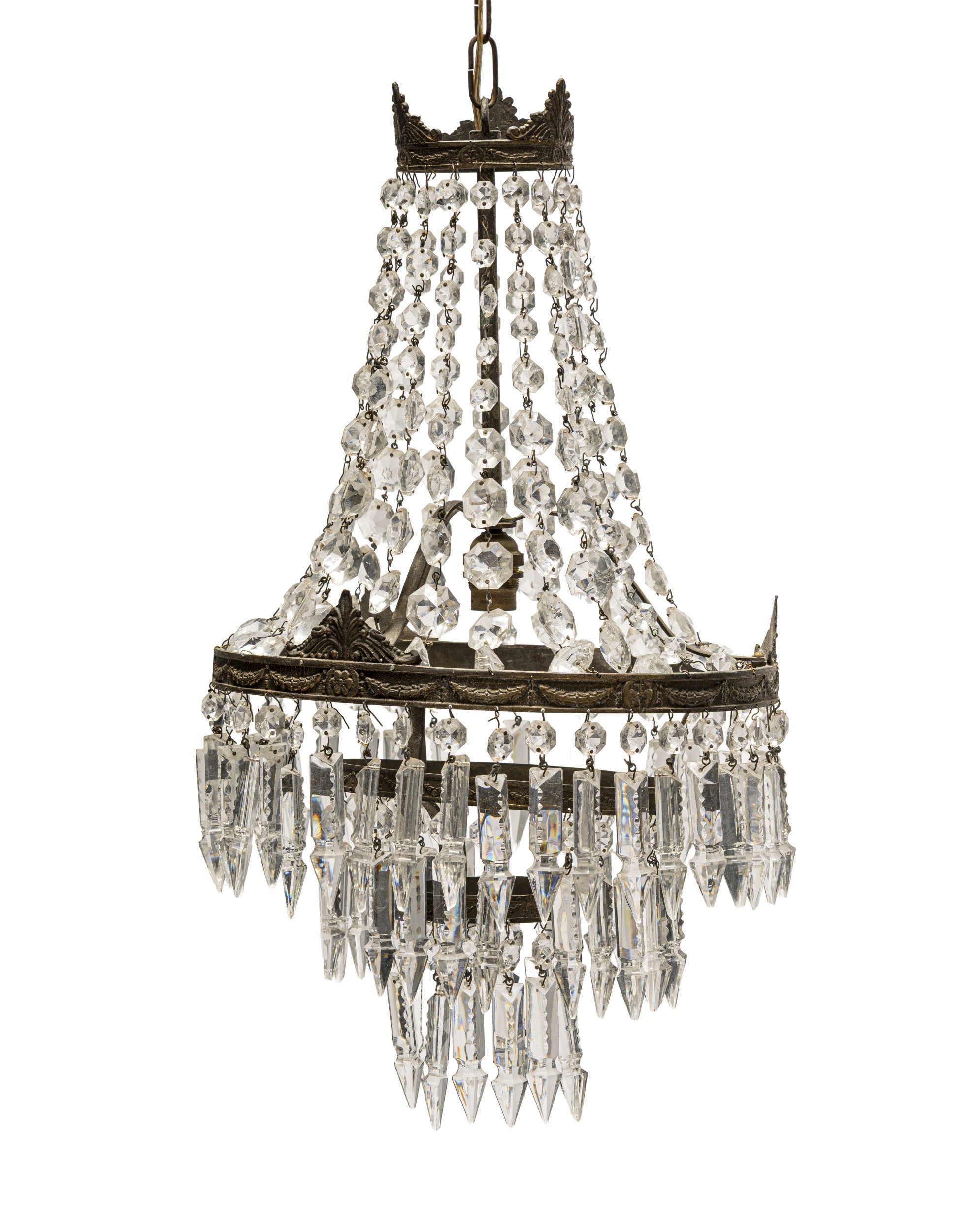 A FRENCH EMPIRE-STYLE GILT METAL AND CRYSTAL HANGING CHANDELIER