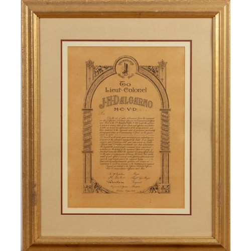 40 - COMMEMORATIVE MILITARY CERTIFICATE DEDICATED TO LIEUT.-COLONEL J.H. DALGARNO, M.C., V.D., DATED JUNE... 